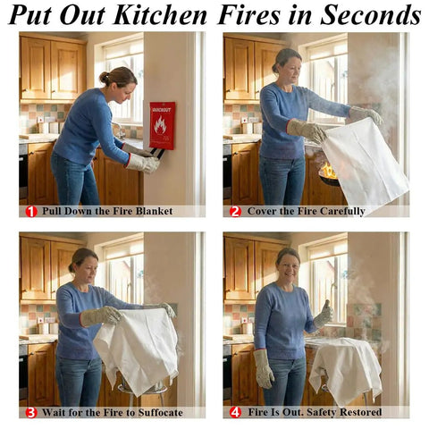 Fire Blanket Survival Cover For Kitchen And Home Safety Heat Protection Against Small Cooking Fires And Emergencies Emergency Fire Suppression Tool For Quick Easy Use demonstration in kitchen