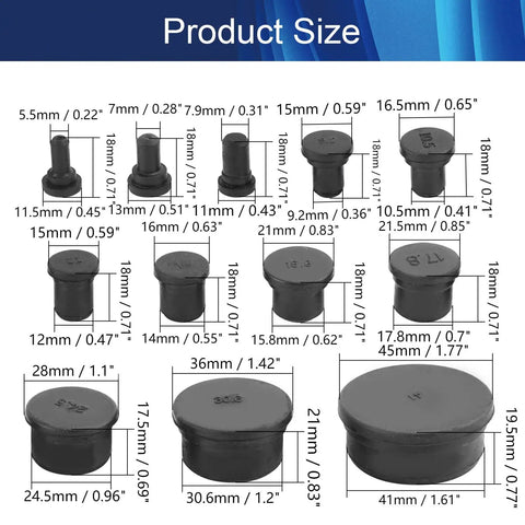 Lock Tight Black EPDM Cable Gland Plugs 12 Pack Bombproof Rubber Hole Stopper Kit size chart with various dimensions and details.