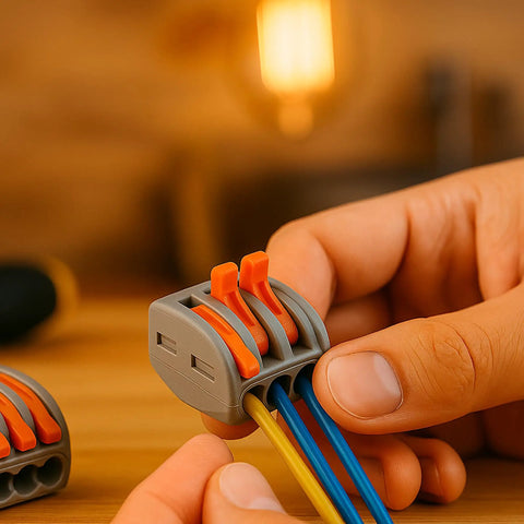 Hand holding 2-port splice from 110 Piece Compact Lever Connector Kit With Push In Terminals 2 And 3 Port Splice Blocks For Electrical Wiring