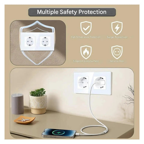 Built Tough Dual Schuko Wall Socket Slick Tempered Glass Panel with child proof design and safety features like surge protection.