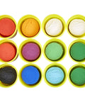 Massive Bulk Modeling Compound With Twelve Four Ounce Cans Packing A Knockout Array Of Jewel Tones Absolutely Perfect For Kid Safe Arts Projects And Creative Crafting Vibes featuring twelve vibrant colors in yellow containers.