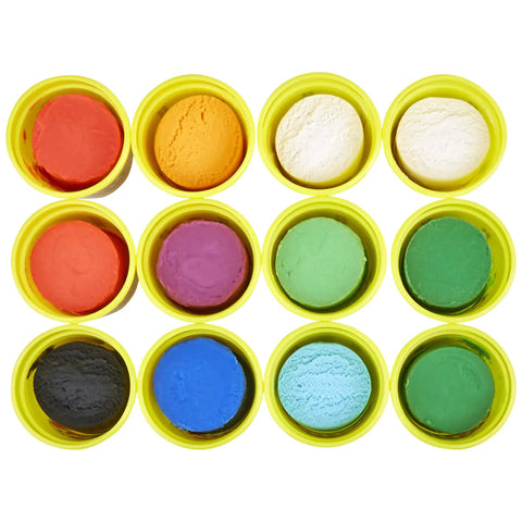 Massive Bulk Modeling Compound With Twelve Four Ounce Cans Packing A Knockout Array Of Jewel Tones Absolutely Perfect For Kid Safe Arts Projects And Creative Crafting Vibes featuring twelve vibrant colors in yellow containers.