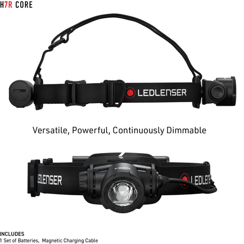 H7R Core LED Headlamp with 1000 Lumen Boost and 250 Meter Beam, IP67 Waterproof Hard Hat Light, front and side views
