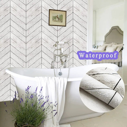 Peel And Stick Wood Wallpaper With Herringbone Pattern DIY Friendly Self Adhesive Removable Grey And White Vintage Wall Covering