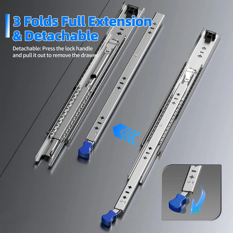 Beefy Heavy Duty Locking Drawer Slides Set For Cabinets RVs Tool Boxes And Trash Cans With Auto Lock Dual Side Unlocking Handles Full Extension Ball Bearing Rails 14 To 40 Inch 260 Lb Capacity Compatible Rails. 3-fold detachable steel slides with blue lock handle