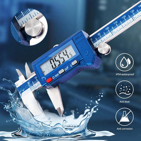 6 Inch IP54 Digital Caliper in stainless steel with large LCD, showing 0.0005 inch resolution, waterproof feature emphasized.