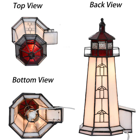 Top, bottom, and back views of Peggy's Cove Lighthouse Tiffany Style Stained Glass Accent Table Lamp Night Light for Home Decor 6 by 6 by 12 Inches Red With LED Bulbs Included Warm White Glow