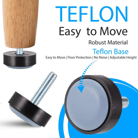 Close-up of Eight Pack 1/4-20 Furniture Levelers with Teflon Glides, highlighting the PTFE base and non-marring design for furniture.
