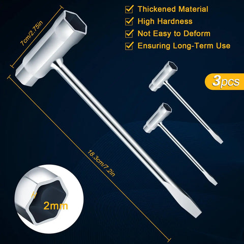 Three Pack Chainsaw Scrench Set With 13 By 19 mm Wrenches, showing T wrench kit dimensions and features for quick tuning