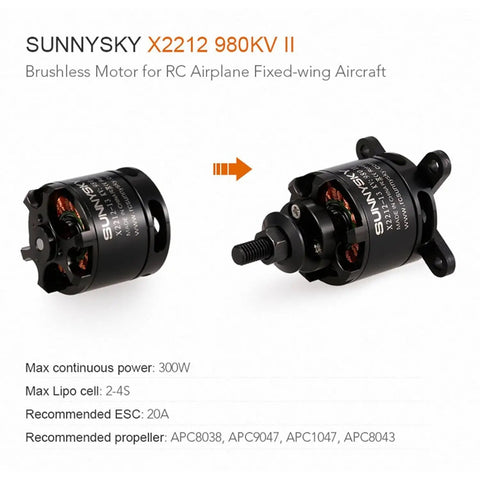 SUNNYSKY X2212 980KV II brushless motor for RC airplanes displayed on white background