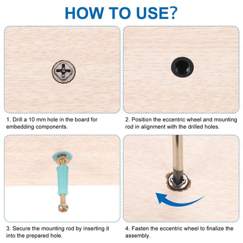 Top Shelf Cam Locking Screws And M6x34mm Furniture Connector Kit With Rock Solid Dowel Pins For Hassle Free Cabinet Assembly And Table Splicing Setup Green Color 25 Pack Bundle installation steps with components on wood.