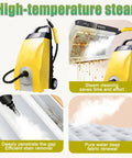 Hot Shot 3.5L High Pressure Steam Cleaner With Adjustable Pressure For Tough Grease And Deep Cleaning Includes Long Hose And Pro Accessories in yellow, showing steam cleaning details.