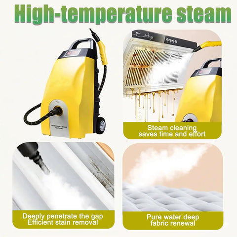 MiyKom Portable Steam Cleaner 3.5L Tank Delivers 230 Degrees High Temp Heat For Grease Removal In Kitchen Car And Home Surfaces Lightweight Design Perfect For Deep Cleaning Jobs Fast Heating System Wins, showing steam cleaning in action.