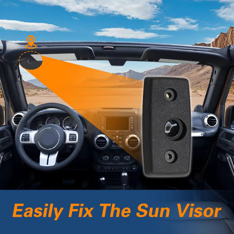 Jeep Wrangler Driver Side Sun Visor Mounting Clip Replacement Left Side Black Sun Visor Bracket For 2012 2013 2014 2015 2016 2017 2018 Beefed Up PP Plastic Easy Install Repair Clip shown in car interior.