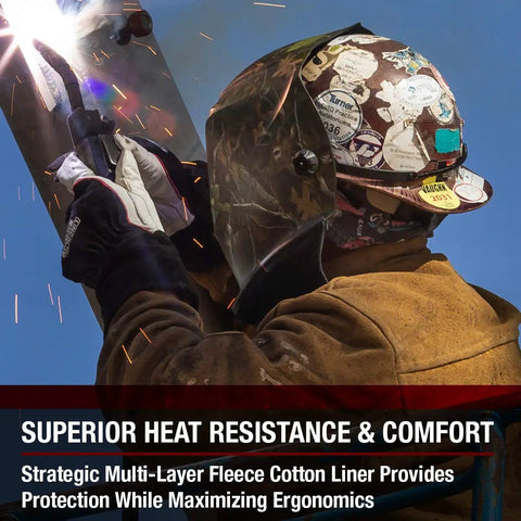 Welder using DynaMIG HD Pro Grade MIG Welding Gloves Built For Pros With Heat Resistant Inside Liner Three Layer FlameSoft on top.