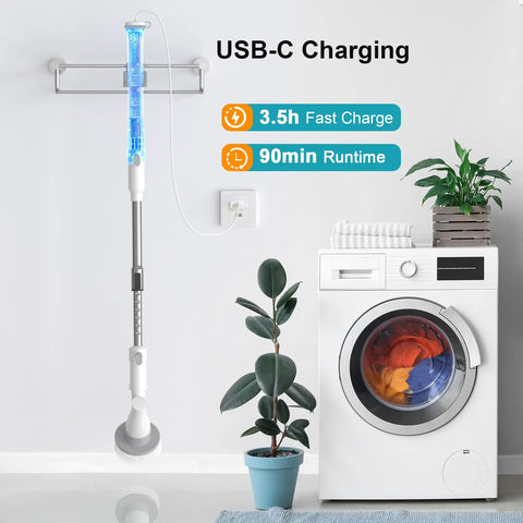 Cordless Spin Scrub Brush With 4 Replaceable Heads And Adjustable Extension Handle charging next to washing machine