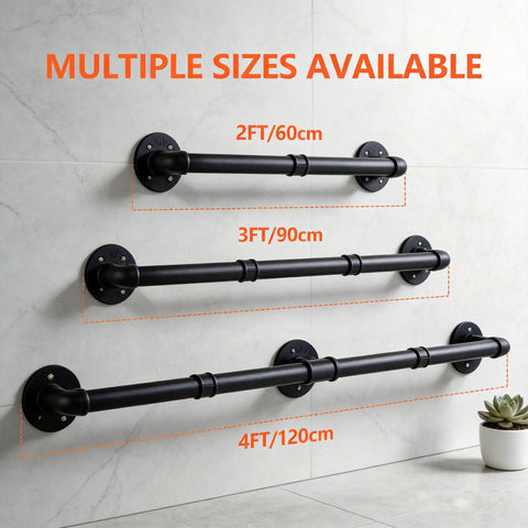 Heavy Duty Industrial Pipe Handrail For Indoor Stairs Wall Mount Metal Safety Rail in multiple sizes mounted on a wall.