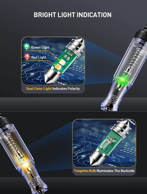 Dual Color Polarity Test Light For Automotive Circuits With Tungsten Illumination Pro Grade 6V 12V 24V Car Electrical Tester Pen stainless probe, green/red light indicator