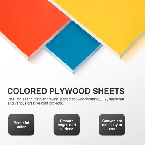 7 Pack Rainbow Colored Plywood Sheets 12 By 12 By One Eighth Inch 3mm Thick Unfinished Wood For Laser Cutting And Engraving DIY Craft Kits For Ornaments Models Drawing And Wood Burning Projects, shown in red, blue, and yellow colors.