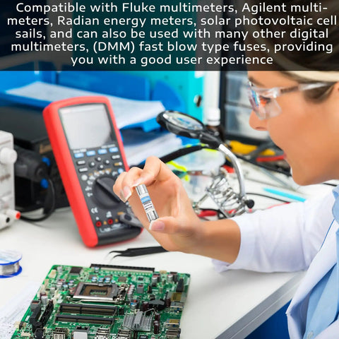 Technician holding Five Pack 11A 1000V Fast Acting DMM Fuse 10x38mm next to a digital multimeter in a lab setting.