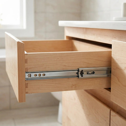 Two Way Drawer Slides Side Mount 4 Pack 12.2 Inch Full Extension Ball Bearing Drawer Runners installed on wood drawer