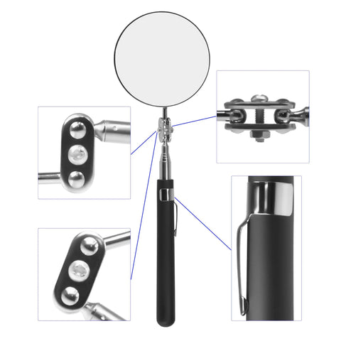 The telescoping inspection mirror with 360 degree swivel ball joint, featuring 34 inch reach and compact design, ideal for tight corners.