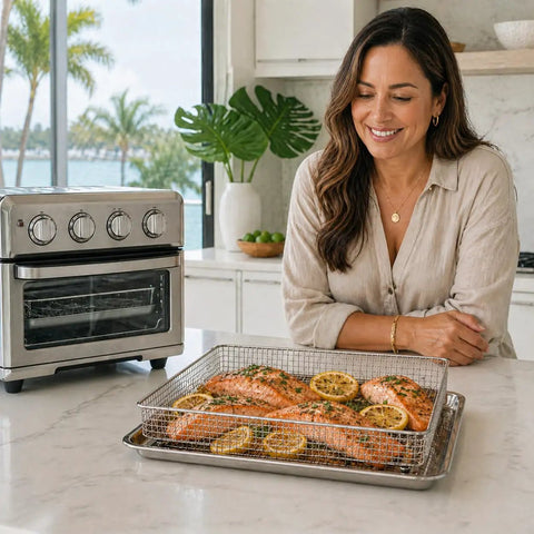 Stainless Steel Baking Tray Pan And Air Fryer Basket For Cuisinart Airfryer Oven TOA 60 TOA 65 TOA 70 with salmon and lemons