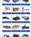 Optional accessories for Versatile Mini Crawler Skid Steer Loader With Hydraulic Cylinder, including buckets and compactors.
