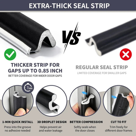 Comparison image of extra-thick 40 Ft Heavy Duty Kerf Weatherstrip Door Seal With Memory Foam Soundproof Insulation and regular seal strip.