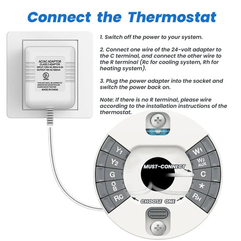 UL Certified 24V Thermostat C Wire Transformer With 26FT Power Cable White Adapter setup instructions diagram