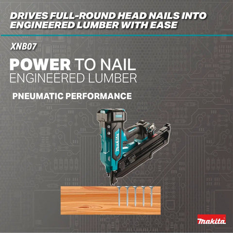 18V LXT Cordless Framing Nailer With Thirty Degree Clipped Head Drive displayed with nails and engineered lumber