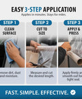 Easy 3-step application of Emergency Car Window Cover Tape 12ft XL Waterproof 17.5 Inch Wide No Residue Temporary Glass Repair Film
