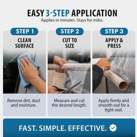Easy 3-step application of Emergency Car Window Cover Tape 12ft XL Waterproof 17.5 Inch Wide No Residue Temporary Glass Repair Film