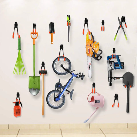 Heavy Duty Garage Hooks 10 Pack Steel Wall Mount Tool Hangers for organizing ladders, tools, and gear on a garage wall.