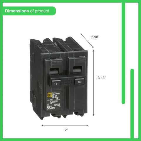 Homeline 15 Amp Two Pole Circuit Breaker Plug On Design For Safe Home And Small Biz Panels dimensions shown