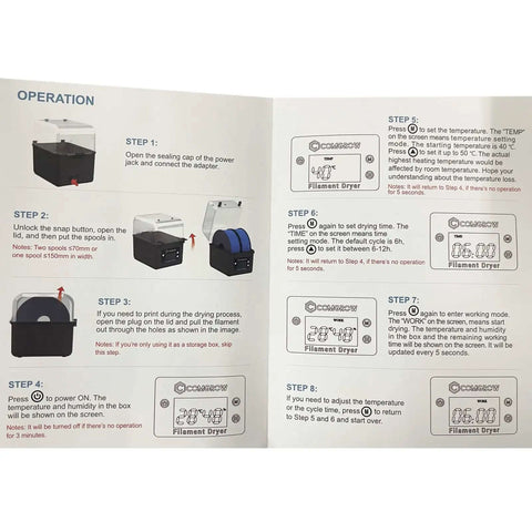Instruction manual for 3D Printer Filament Dryer Box With Huge Storage For 1Kg Spools, showing operations and drying steps.