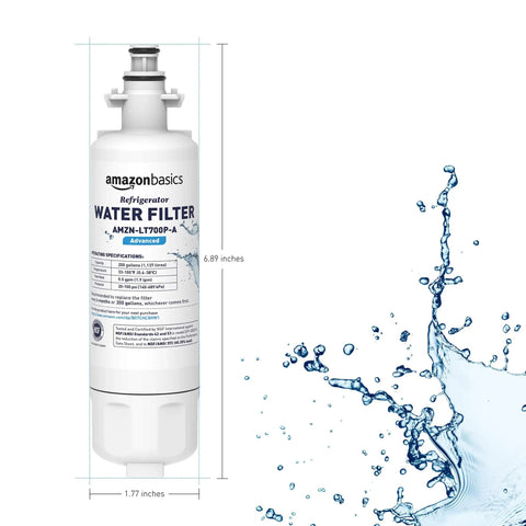 LG LT700P Refrigerator Water Filter Replacement With Advanced Filtration For Crisp Clean Water Leakproof Fit Easy Install Coconut Shell Activated Carbon To Reduce Chlorine And Odors NSF Certified shown next to water splash