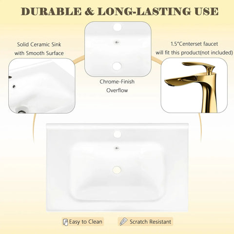 HAOCHRYSYPH Ceramic Basin, Sink Only, White, 27.83 x 18.70 x 7.00 in, close-up view with chrome-finish overflow.