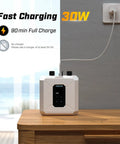 Cordless Electric Paddle Board Pump with Auto Off and Dual Stage Inflation, charging on a wooden table for SUPs, 20 PSI