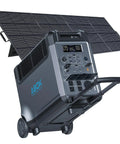 Prepper Ready Solar Generator Kit With 400W Panel And 3600W Power Station 3840Wh Battery Pack showing front control panel and wheels