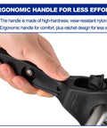 Close-up of ergonomic handle on ratcheting tube cutter for tight spaces with nylon grip and visible adjustment knob.