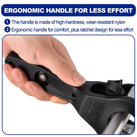 Close-up of ergonomic handle on ratcheting tube cutter for tight spaces with nylon grip and visible adjustment knob.