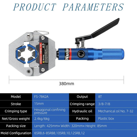 8 Ton Hydraulic Hose Crimping Kit With Quick Lock Dies shown with dimensions and product specifications.