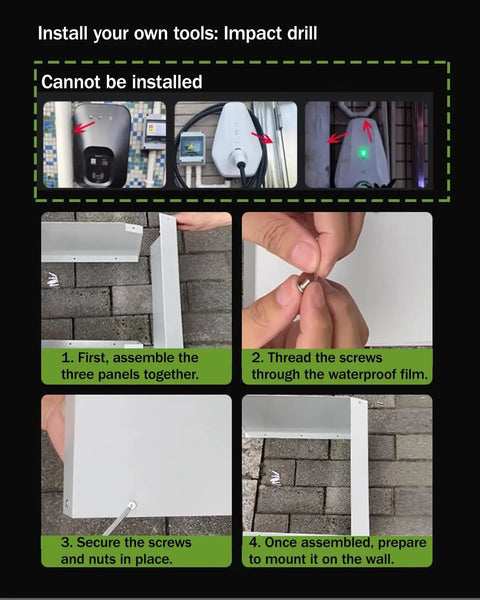 Assembly instructions for Rock Solid Outdoor EV Charger Enclosure Wall Box, showing panel connection and screw threading.