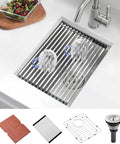 Undermount Stainless Steel Kitchen Bar Sink 15 x 18 x 9 Inches 18 Gauge Heavy Duty Workstation for Outdoor and Indoor Kitchens with Premium Brushed Finish, shown with accessories and glasses