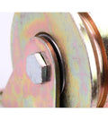 Close-up of a Beefy Heavy Duty Sliding Gate Roller Wheel For Inverted Track U Type Caster with galvanized finish, 148mm