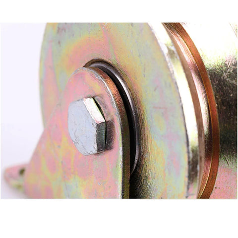 Close-up of Beefy Heavy Duty Sliding Gate Roller With Steel V Shaped Track Rail For Inverted Track And Industrial Machines, 48mm