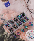 Rainbow Tubular Double Cap Leather Rivets Assorted Size Metal Hardware Kit For Jackets Bags And Diy Gear Premium Bright Finish in storage case.
