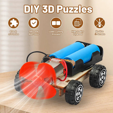 Wind Powered Cars Kit For Kids Ages 8 To 12, featuring a wooden car with red propeller, no glue or screws needed for assembly