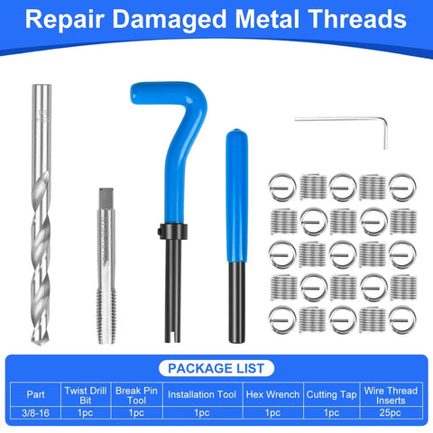 30 Piece SAE Thread Repair Kit With HSS Drill Bit And Helicoil Style Wire Thread Inserts For Internal Thread Repair Of Stripped Holes In Metal